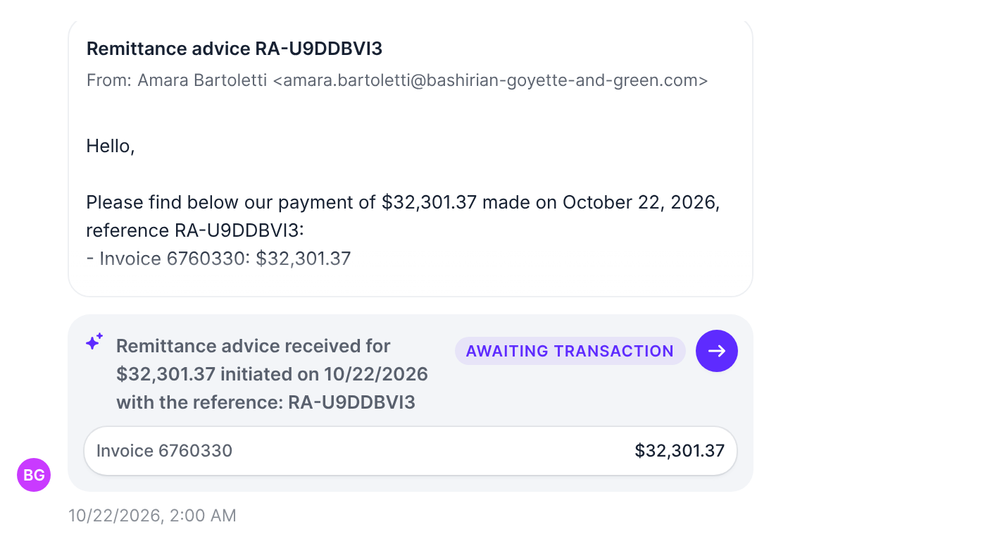 A remittance in the customer timeline with the Awaiting transaction status
