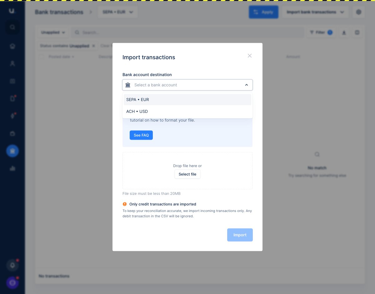 The Bank account destination dropdown open, listing the available bank accounts to import into.