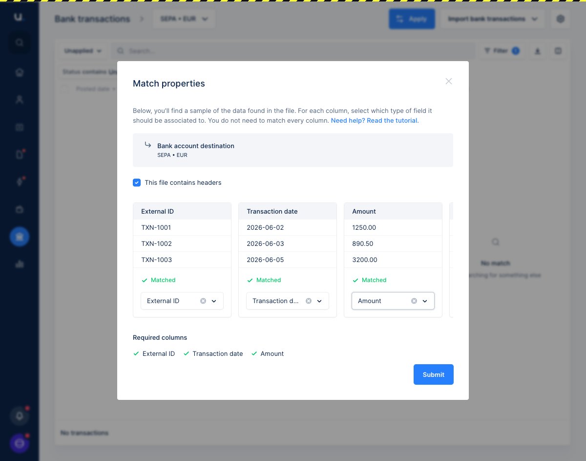 The Match properties step with External ID, Transaction date and Amount all matched, the Required columns all checked, and the Submit button enabled.
