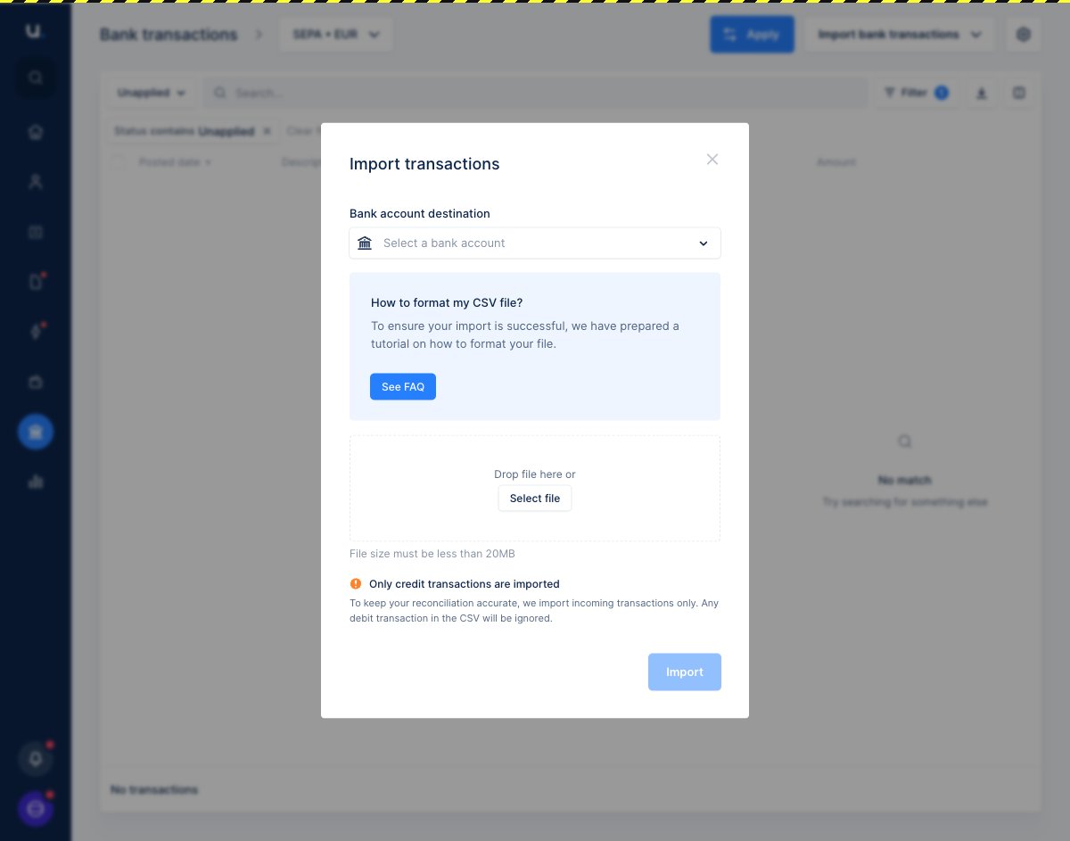 The Import transactions window showing the Bank account destination selector, the file drop zone, and the notice that only credit transactions are imported.