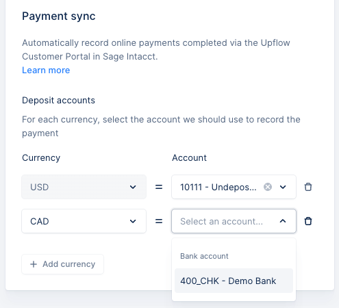 Upflow payment sync settings showing deposit account mapping per currency