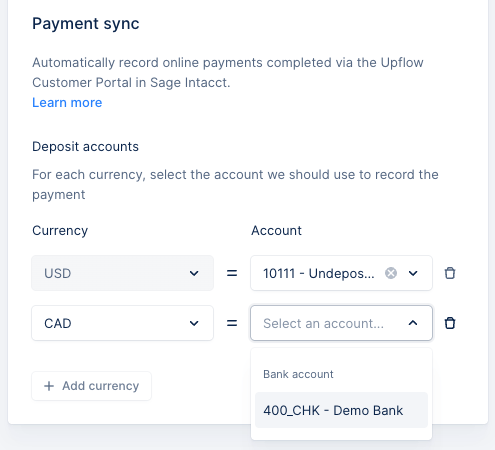 Upflow payment sync settings showing deposit account mapping per currency