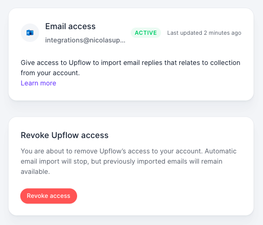Email access section showing a connected Outlook mailbox with the Active status and the Revoke Upflow access card