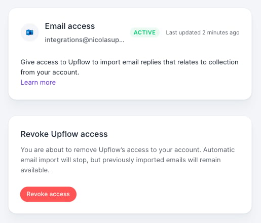 Email access section showing a connected Outlook mailbox with the Active status and the Revoke Upflow access card