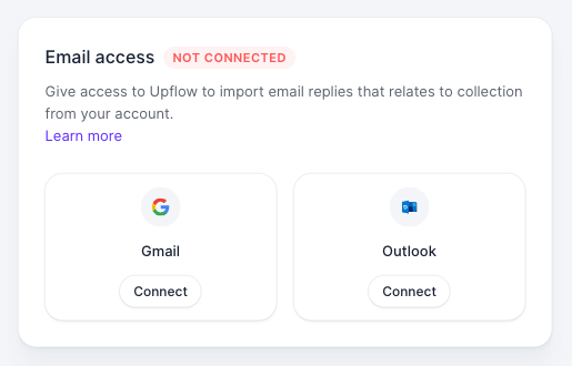 Email access section of the profile settings with Connect buttons for Gmail and Outlook