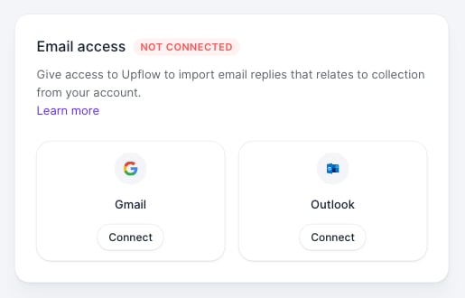 Email access section of the profile settings with Connect buttons for Gmail and Outlook