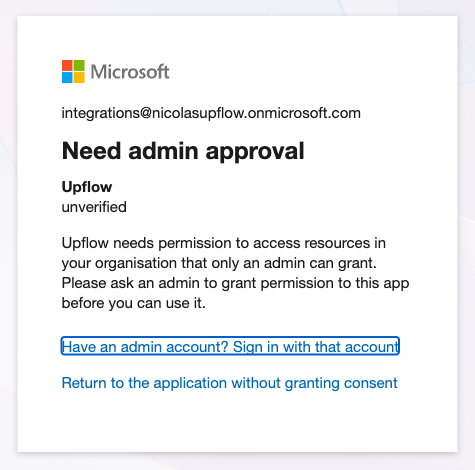 Microsoft Need admin approval screen asking an administrator to grant Upflow permission