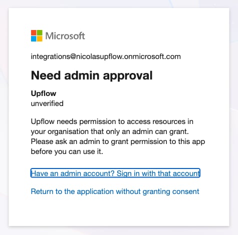 Microsoft Need admin approval screen asking an administrator to grant Upflow permission