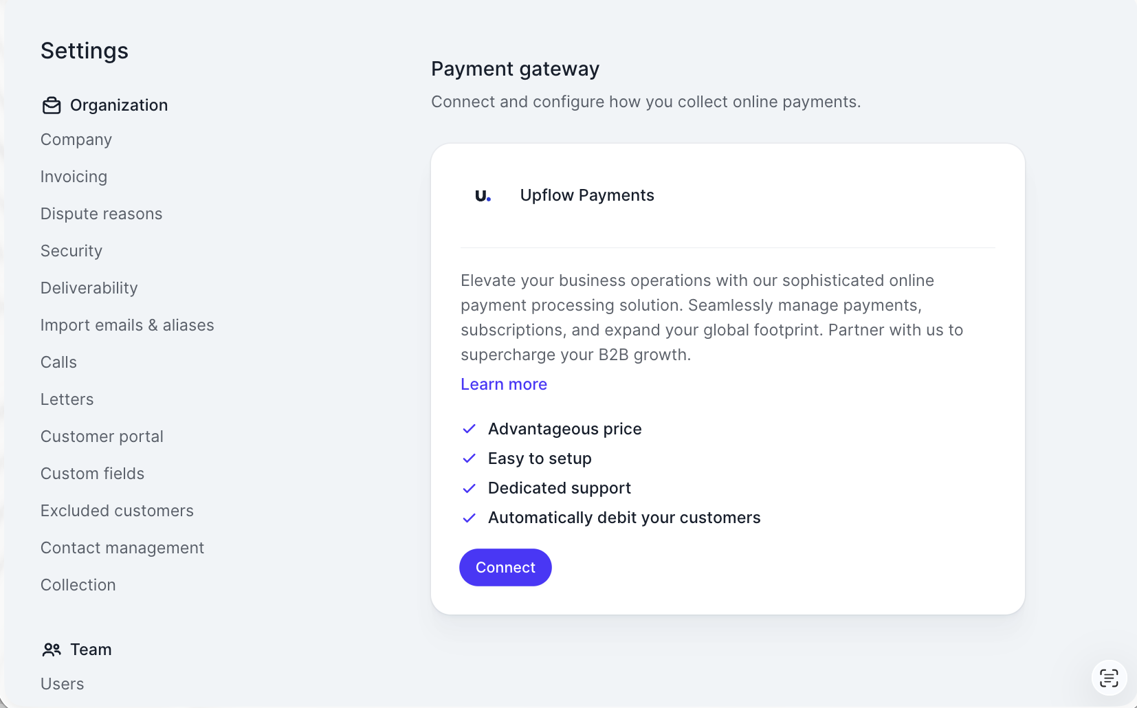 The Payment gateway settings showing the Upflow Payments card, before it has been connected