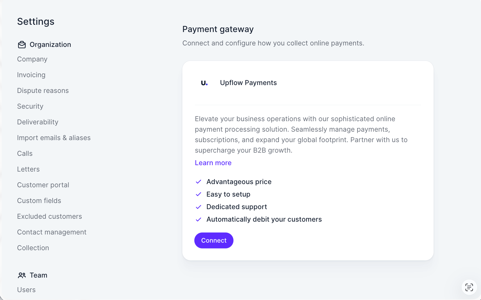 The Payment gateway settings showing the Upflow Payments card, before it has been connected