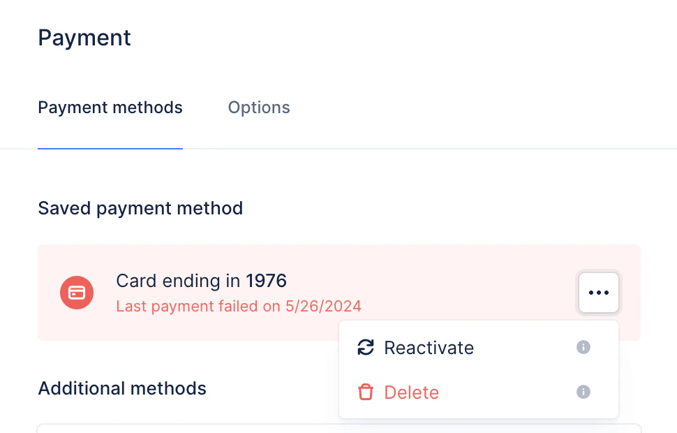 Reactivating a failed Autopay payment method from the customer details page in Upflow