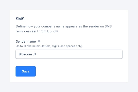 SMS settings page with the Sender name field filled in
