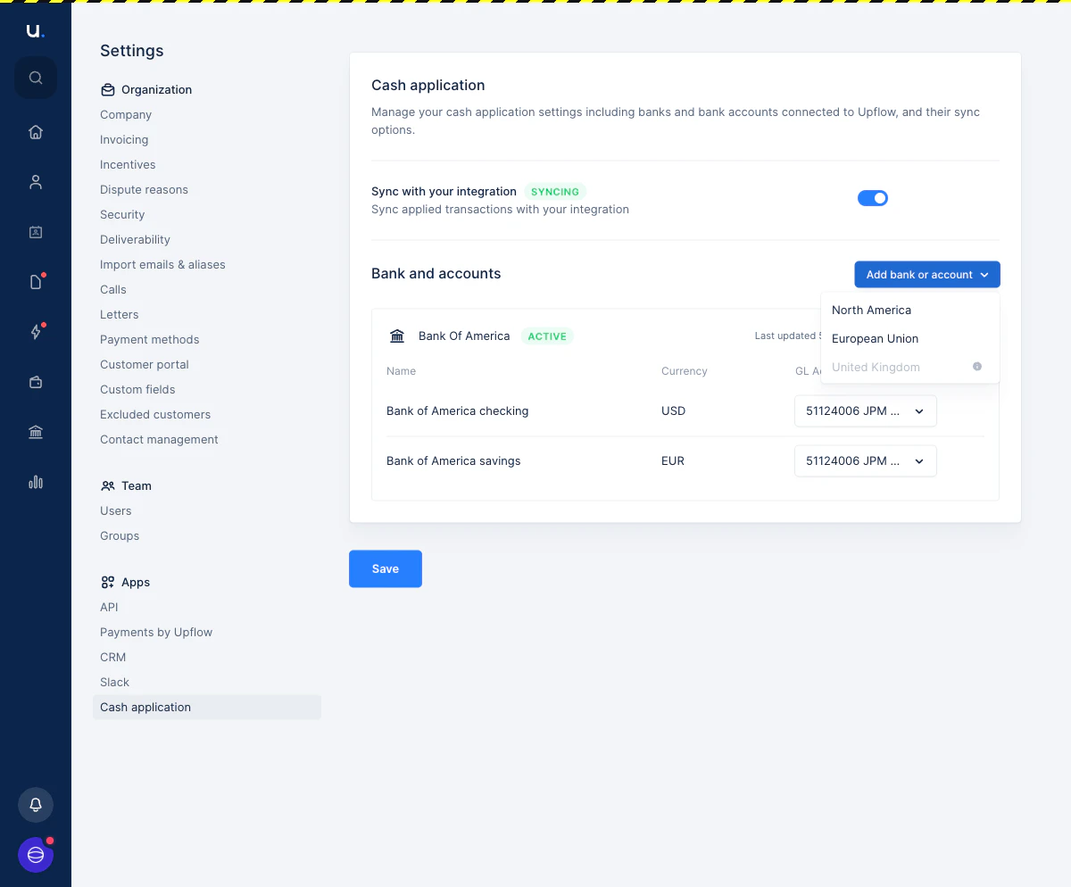 The Add bank or account dropdown showing North America, European Union, and United Kingdom options.