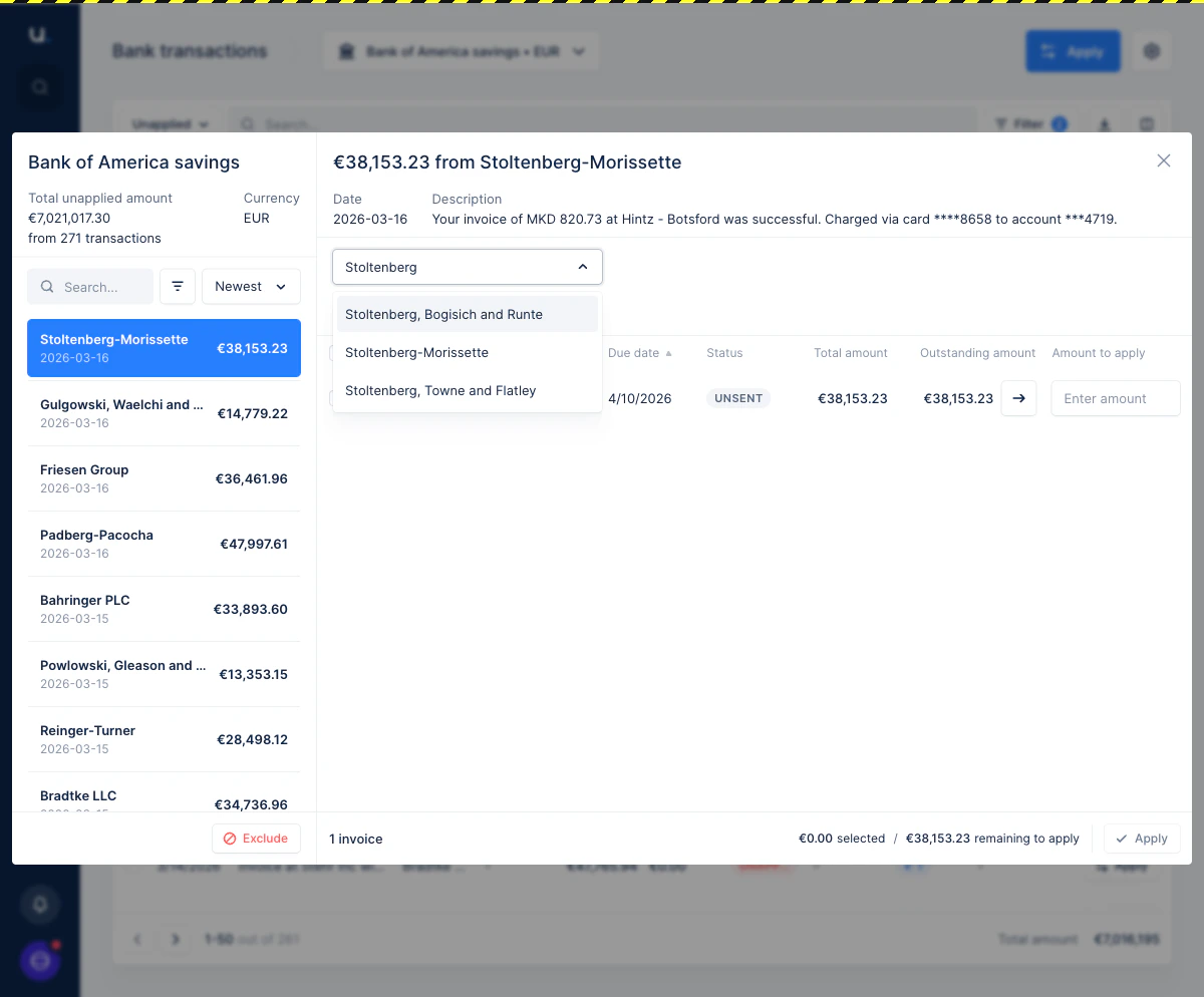 The customer dropdown open with a search field, showing filtered results matching the typed name.