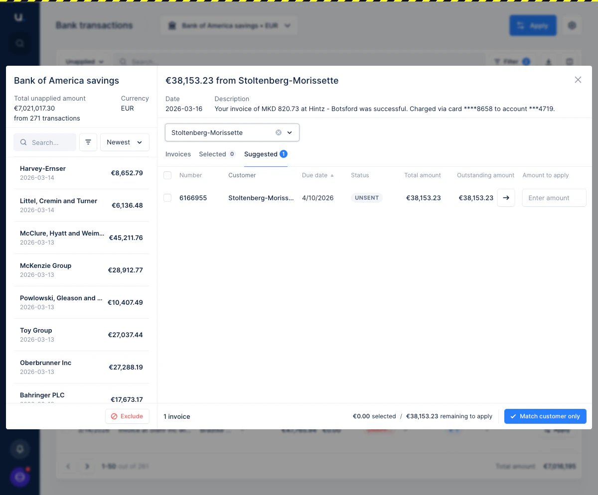 The matching interface after selecting a customer, showing the Suggested tab with one proposed invoice match and a Match customer only button in the footer.