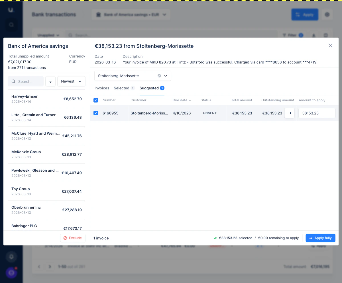The matching interface footer showing the Apply fully button enabled, with €38,153.23 selected and €0.00 remaining to apply.