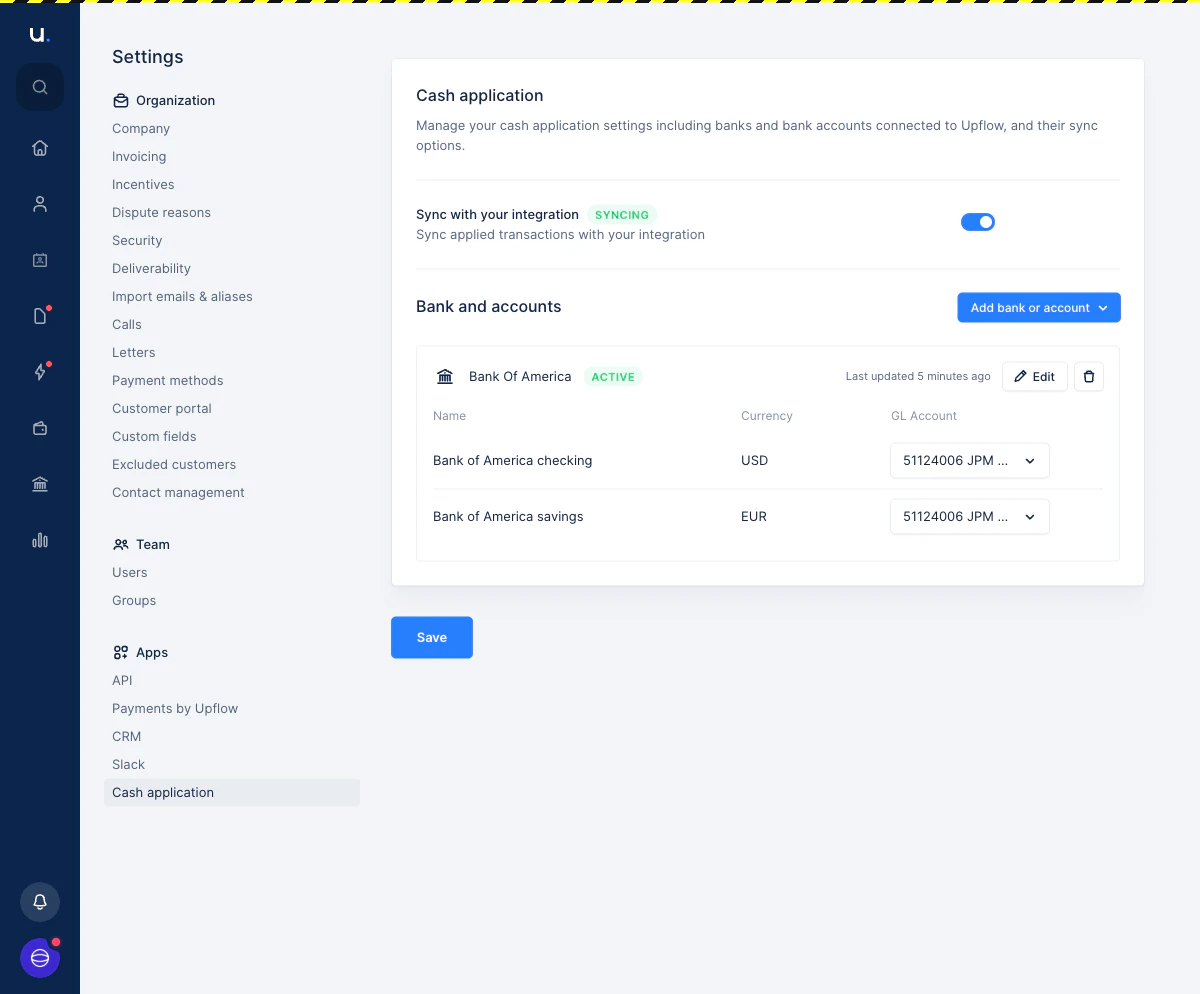 The Cash Application settings page showing the Bank and accounts section with the Add bank or account button.