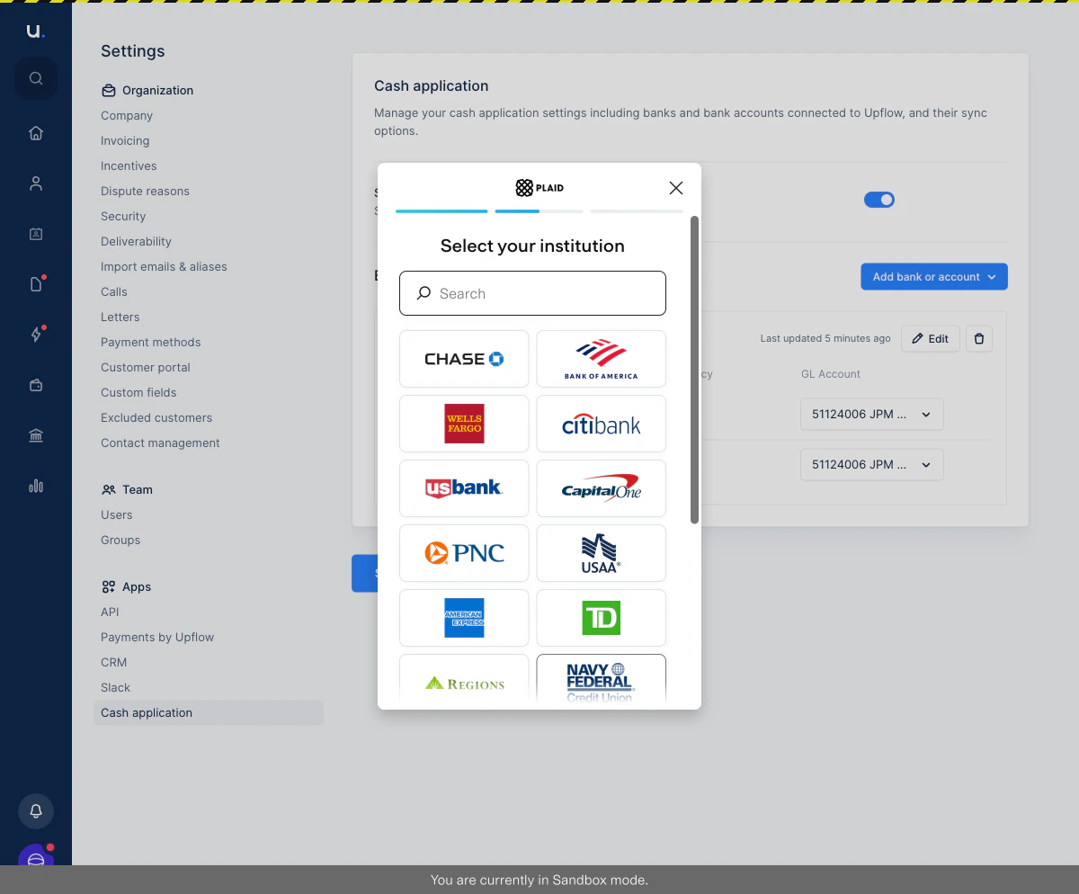 The Plaid institution selection screen showing a list of banks to connect.