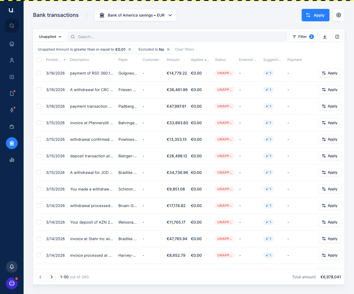The Bank transactions list showing the Suggestions column with a +1 badge on each row, indicating one match suggestion per transaction.