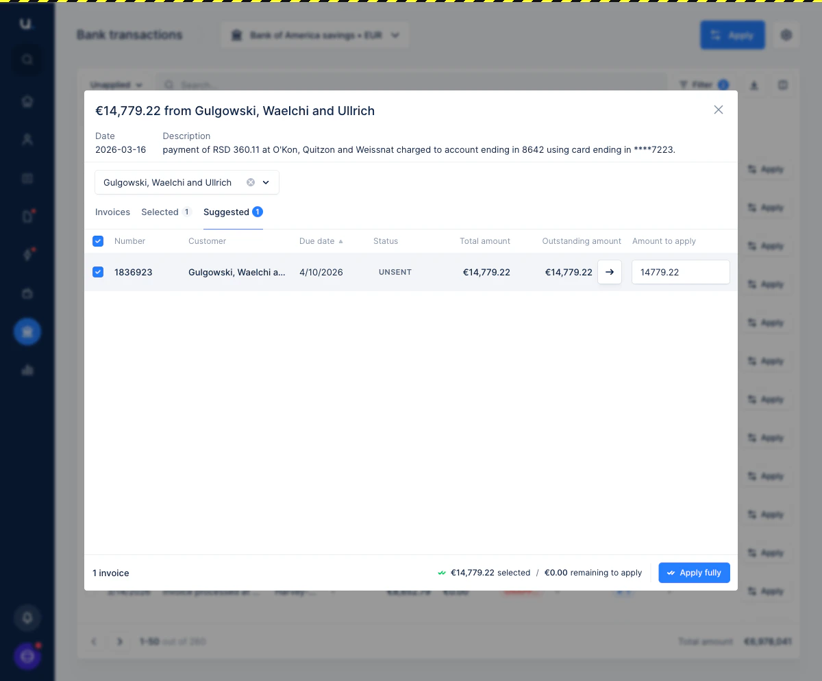 The matching interface after clicking the arrow button: the invoice is checked, the customer is auto-filled, the amount field shows the full outstanding amount, and the Apply fully button is enabled in the footer.