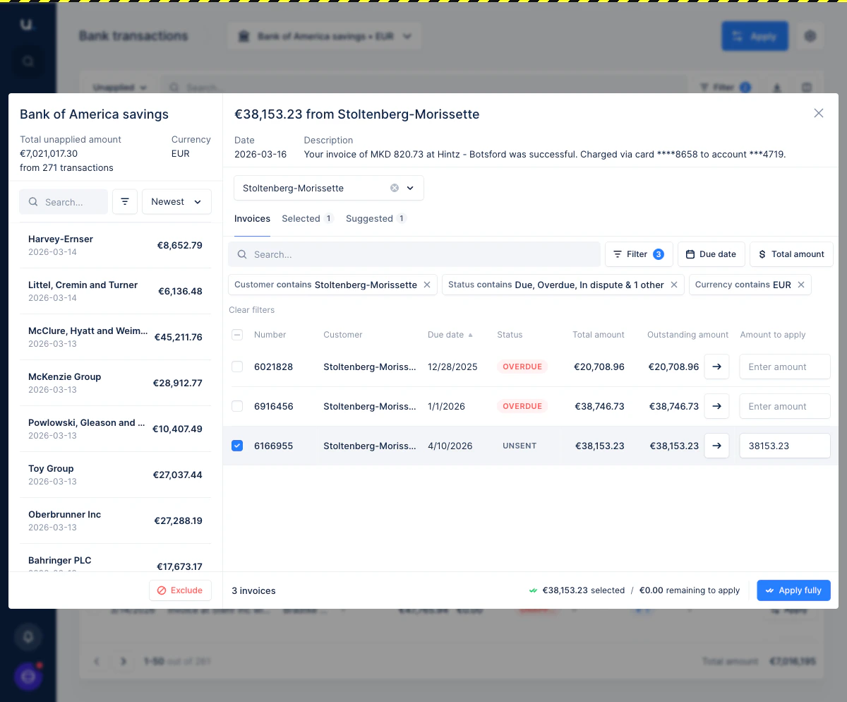 The Invoices tab showing all outstanding invoices for the customer, with filters applied for customer, status and currency. One invoice is checked and has an amount entered.