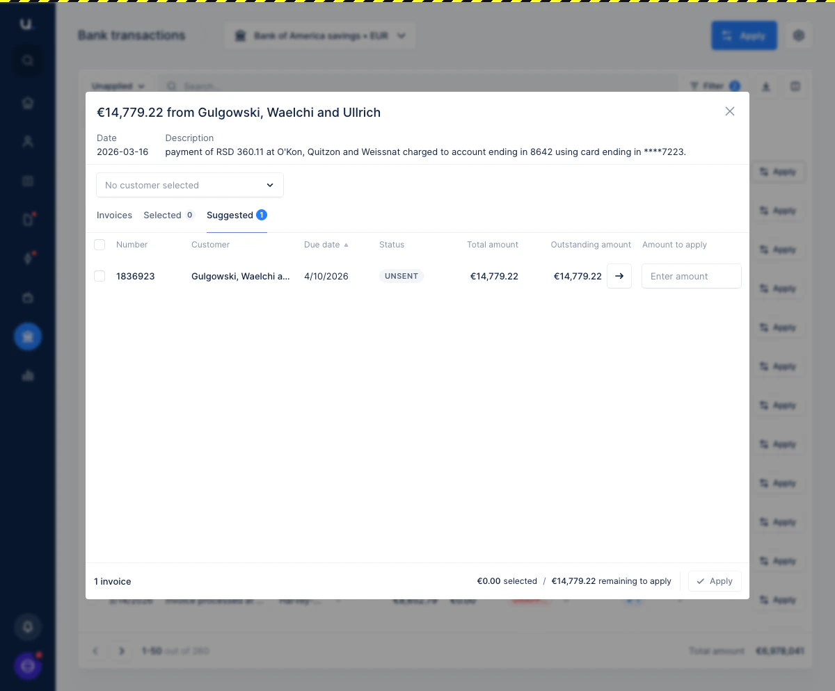 The matching interface modal open on the Suggested tab, showing one pre-populated invoice row with customer name, due date, status, and outstanding amount.