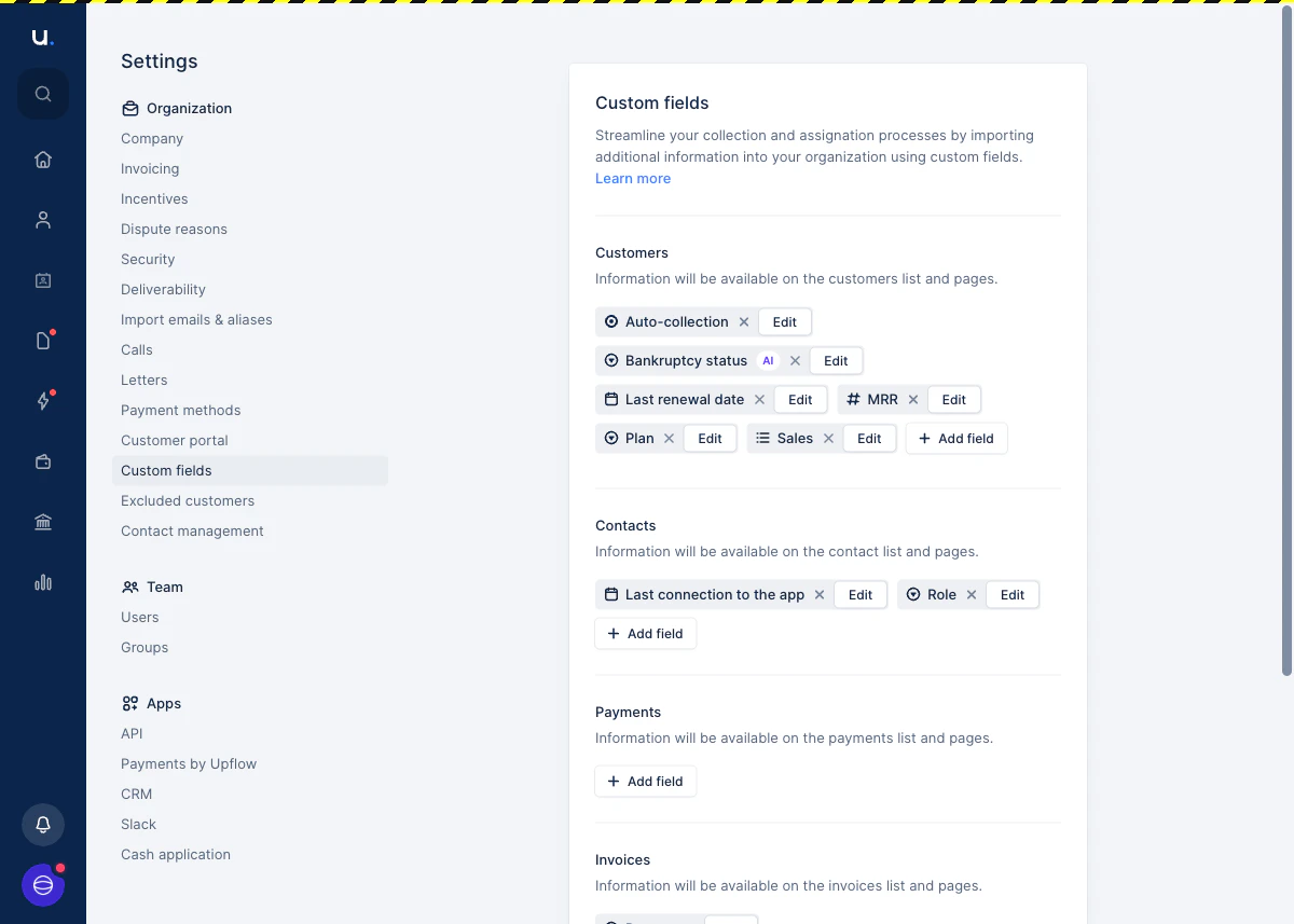 The Custom fields settings page showing the Customers and Invoices sections, with the Bankruptcy status field showing an AI badge.