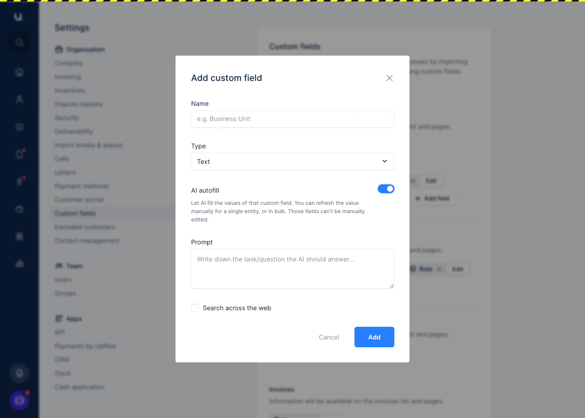 The Add custom field modal showing the AI autofill toggle enabled, with an empty Prompt field and the Search across the web checkbox unchecked.