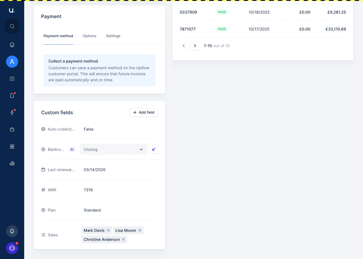 The Custom fields section on a customer page showing the Bankruptcy status field with its current value "Closing", an AI badge, and the sparkle refresh button.