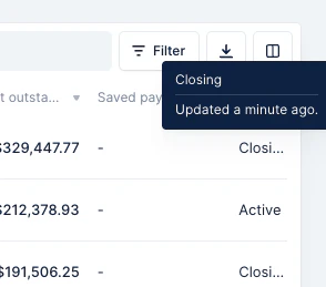 The data freshness tooltip showing "Closing" and "Updated a minute ago." on hover over an AI field value in the customer list.