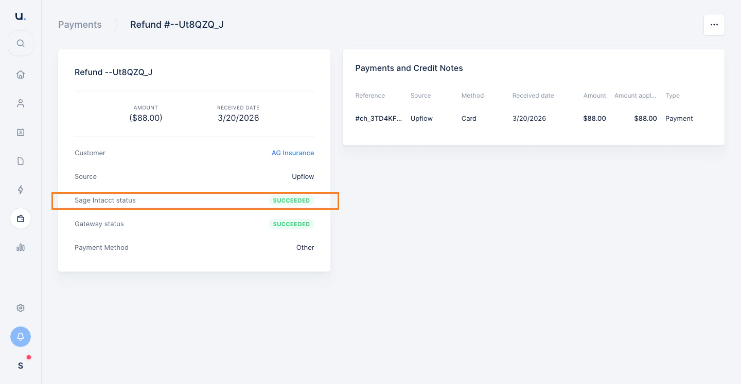 Upflow - Refund detail showing Sage Intacct status as SUCCEEDED