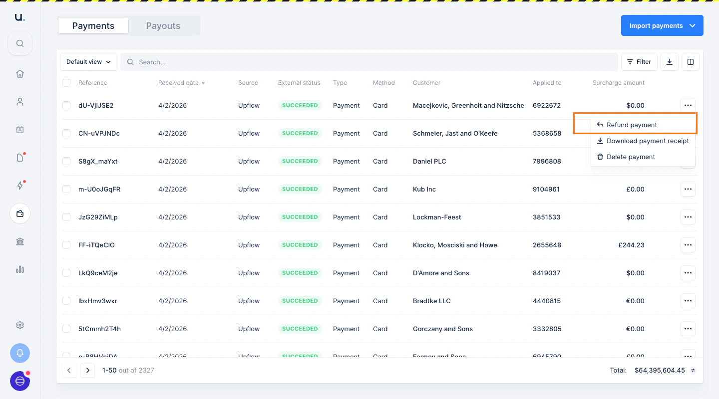 Upflow - Payments list showing refunds with Sage Intacct status