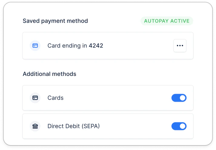 Saved payment method shown in the customer details page in Upflow