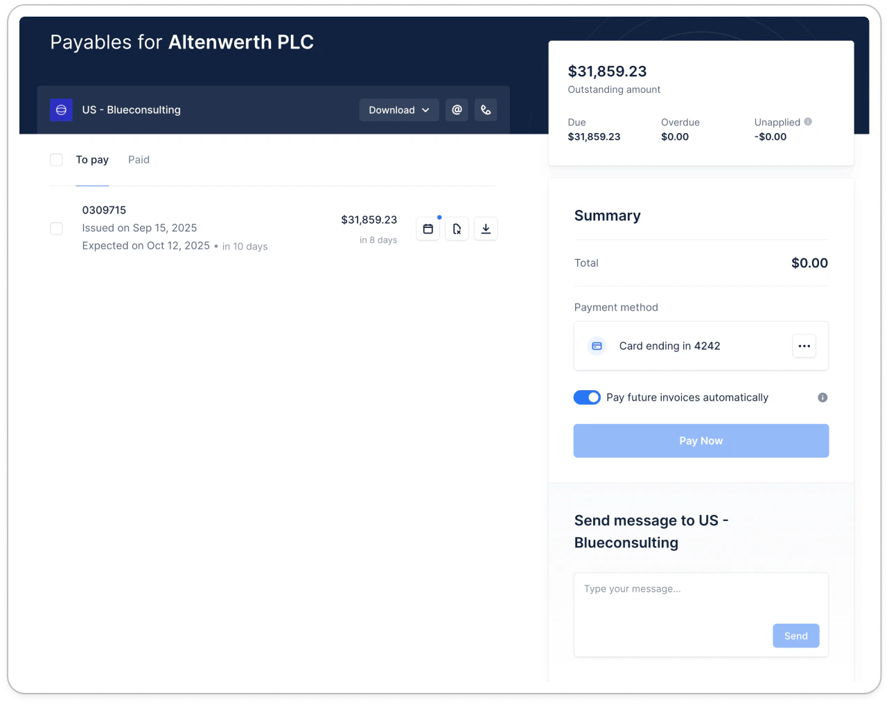 Saved payment method shown to the customer in the portal