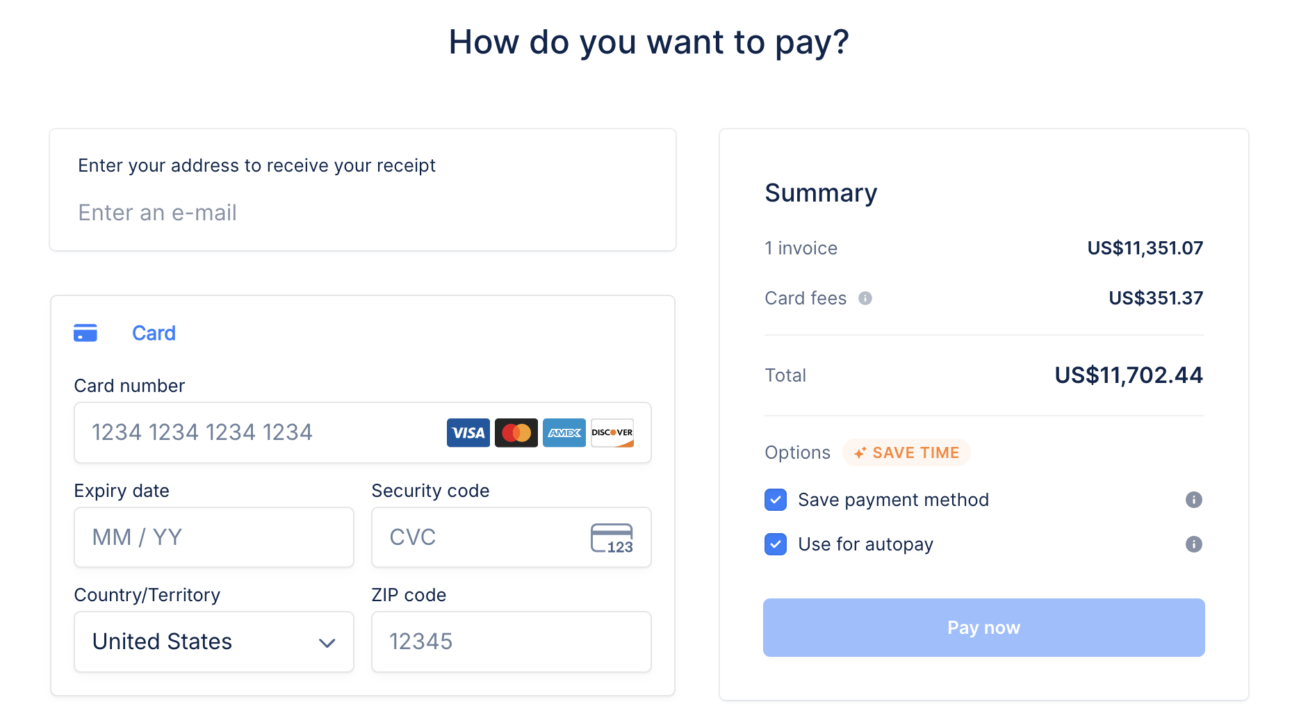 Checkout screen showing card fees as a separate line item in the order summary alongside the invoice total