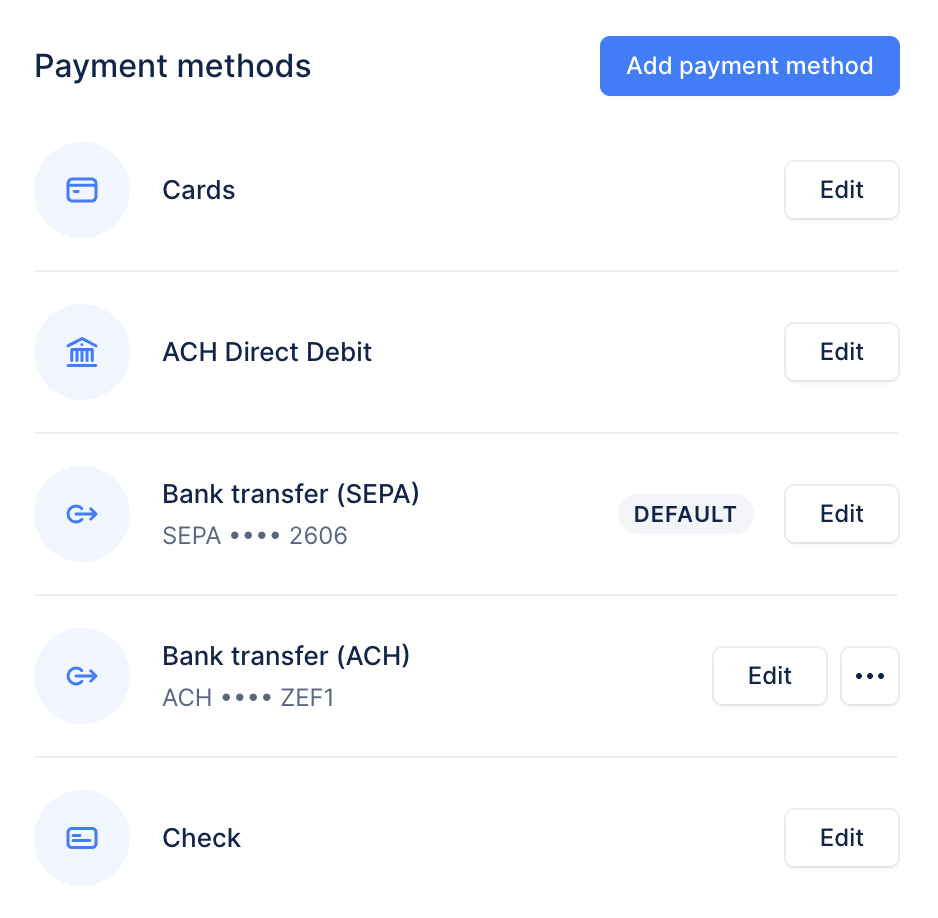 Payment methods settings in Upflow showing Cards, ACH Direct Debit, SEPA, ACH bank transfer, and Check