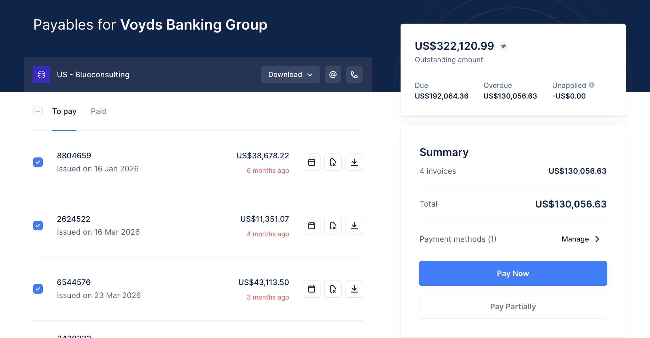 Customer-facing portal showing invoice list, outstanding balance, and Pay Now button