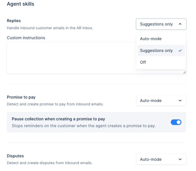 The Replies skill mode dropdown open, showing the three autonomy options: Auto-mode, Suggestions only, and Off.