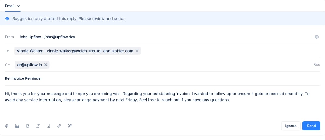 A reply action in the actions view showing an agent-drafted reply. A banner reads "Suggestion only drafted this reply. Please review and send." above the pre-filled From, To, Cc and Subject fields and the suggested message body, with Ignore and Send buttons.