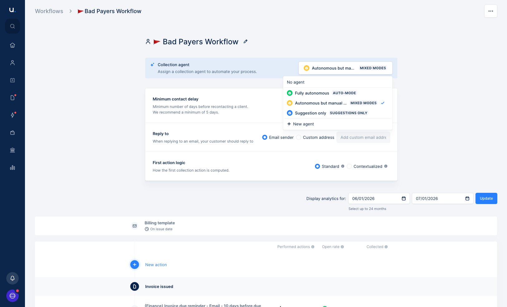 The Collection agent block on a workflow page with the agent picker open, listing No agent, Fully autonomous, Autonomous but manual replies, and Suggestion only, plus a New agent option.