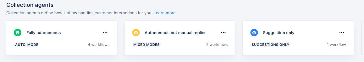 The Collection agents settings page showing three agents — Fully autonomous, Autonomous but manual replies, and Suggestion only — each with its mode and the number of workflows it's assigned to.