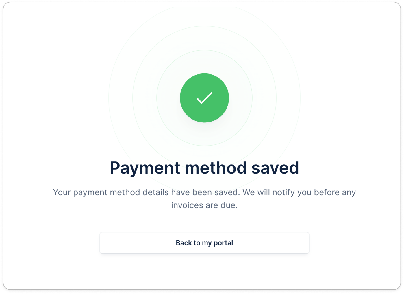 The customer portal confirmation screen shown after a payment method has been saved and verified