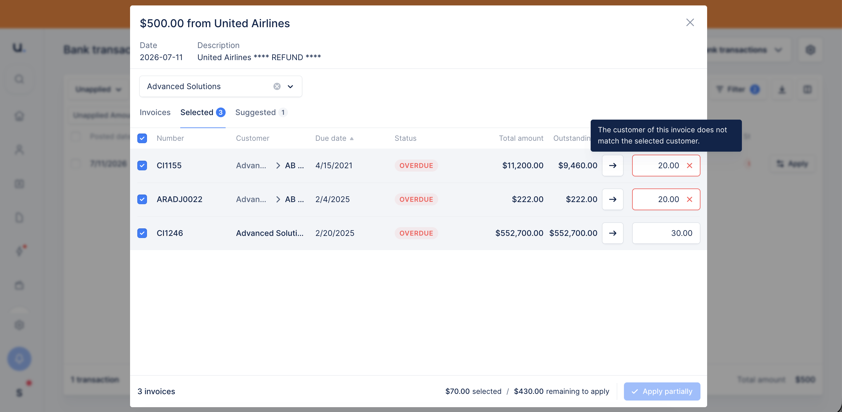Bank transaction application modal showing a child customer invoice flagged with the message: The customer of this invoice does not match the selected customer