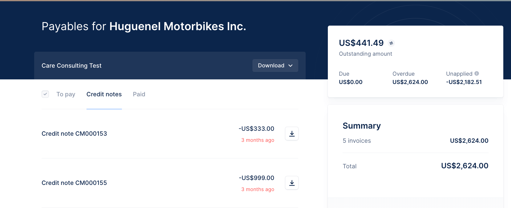 Portal Unapplied Credit Notes