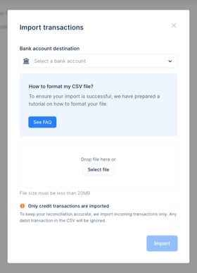 The Import transactions window showing the bank account destination selector and the CSV file drop zone