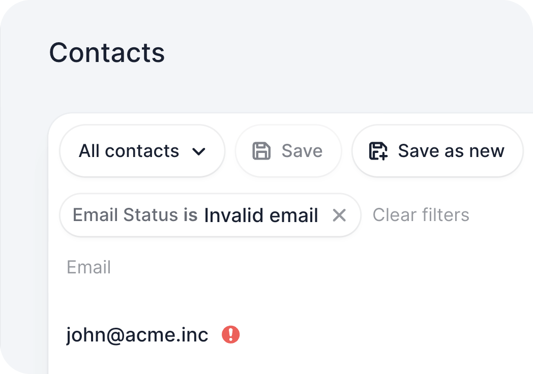 Contacts list filtered by Email Status is Invalid email, showing a contact with a red warning icon next to their email address