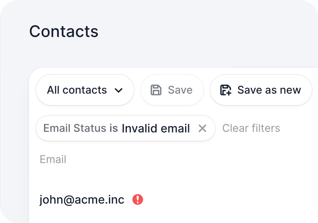 Contacts list filtered by Email Status is Invalid email, showing a contact with a red warning icon next to their email address