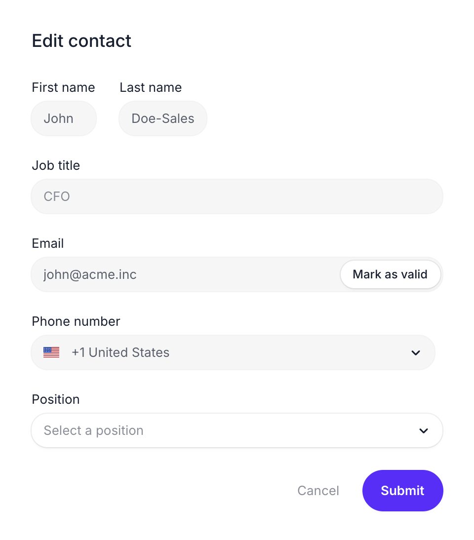 Edit contact panel with the Mark as valid button next to the Email field