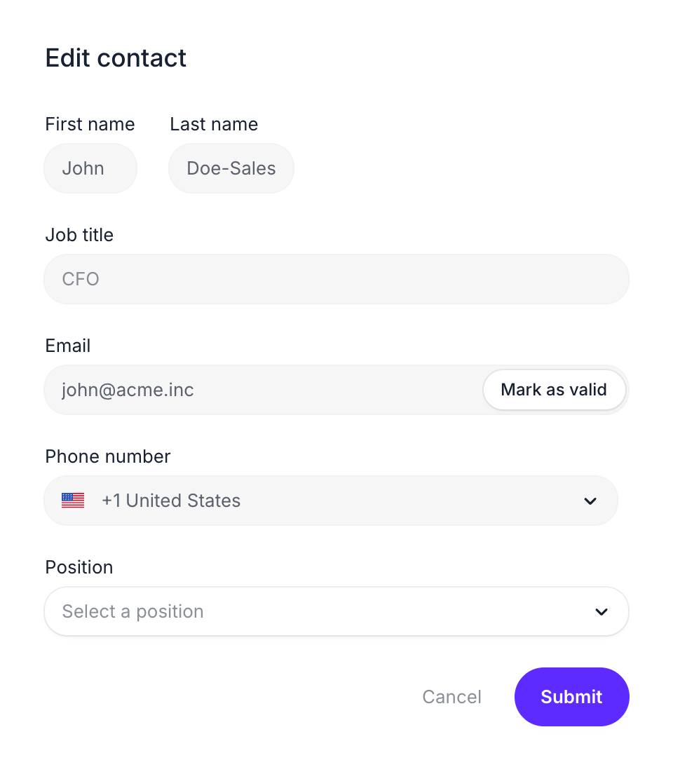 Edit contact panel with the Mark as valid button next to the Email field