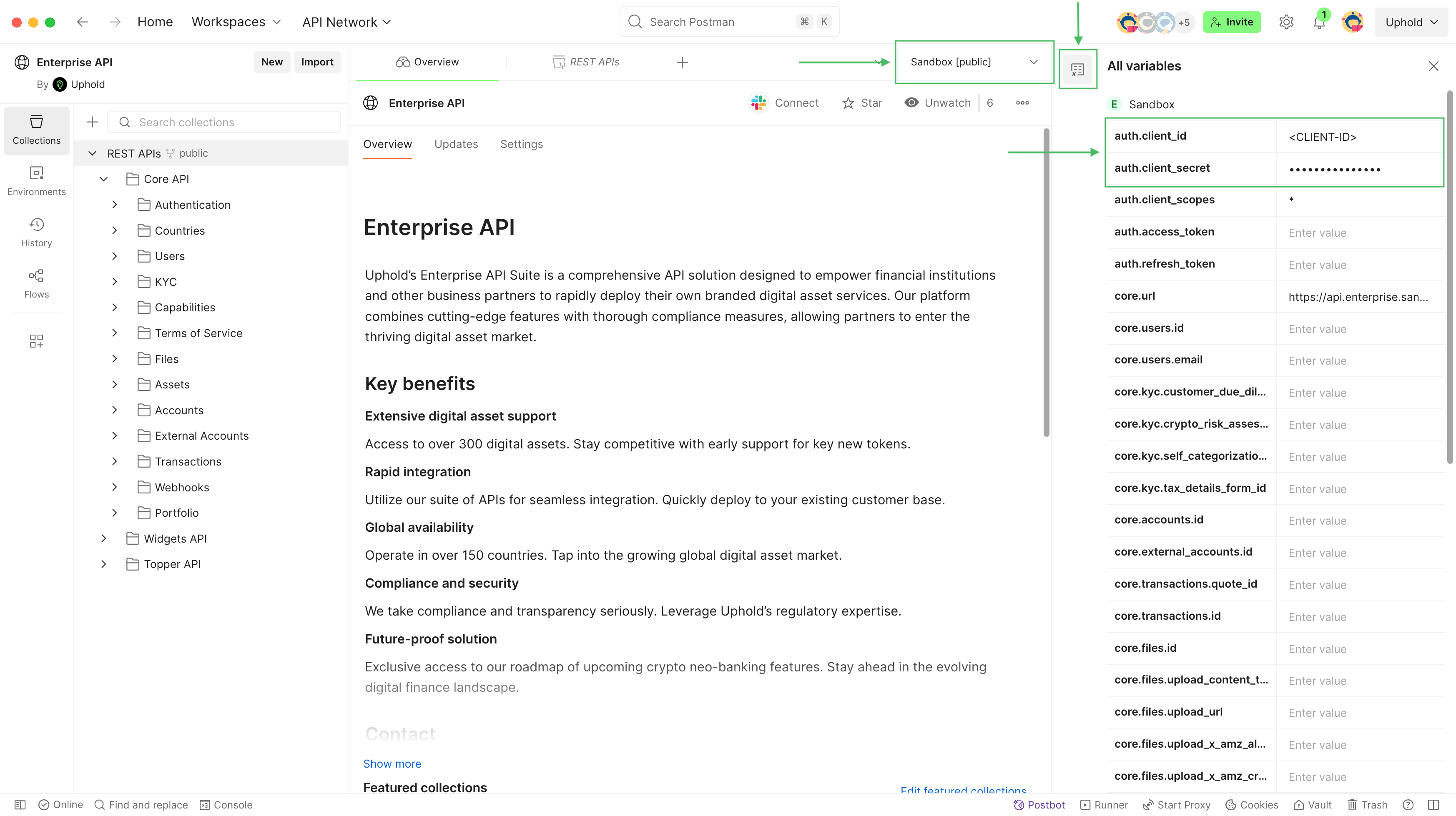 Postman variables drawer with client credentials